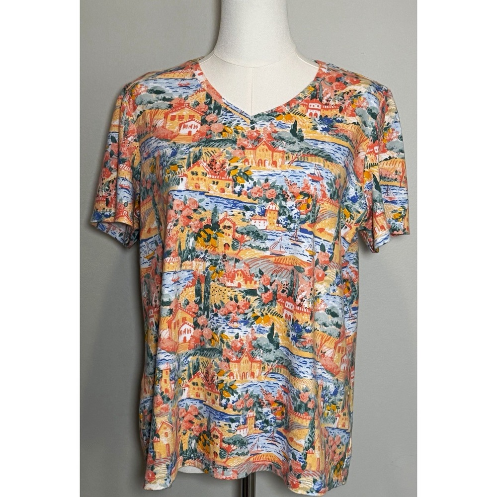Kim Rogers Multicolor Scenic V-Neck Short Sleeve Cotton Knit T-Shirt Women L